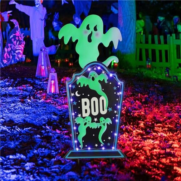 Halloween Yard Stake, 26.4" Solar Lighted Metal Tombstone with Glow in the dark - Picture 6 of 8